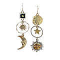Pair of celestial-themed earrings with sun, moon, and star designs on a white background.