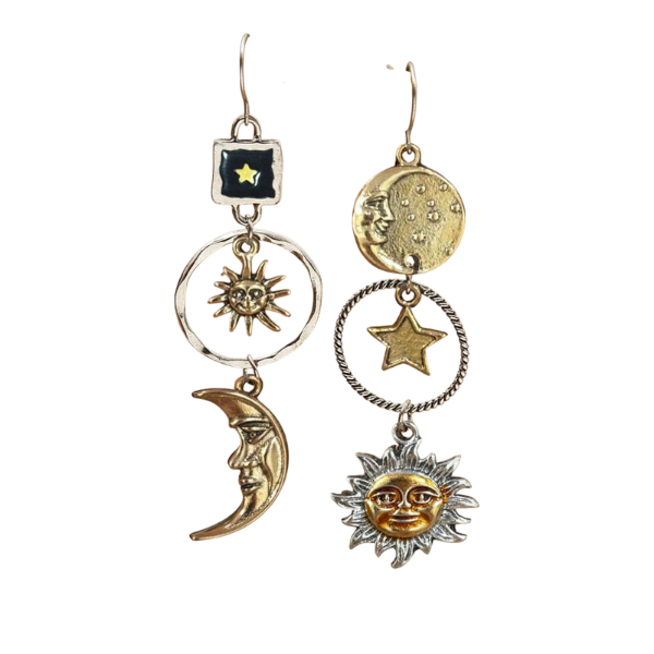 Pair of celestial-themed earrings with sun, moon, and star designs on a white background.