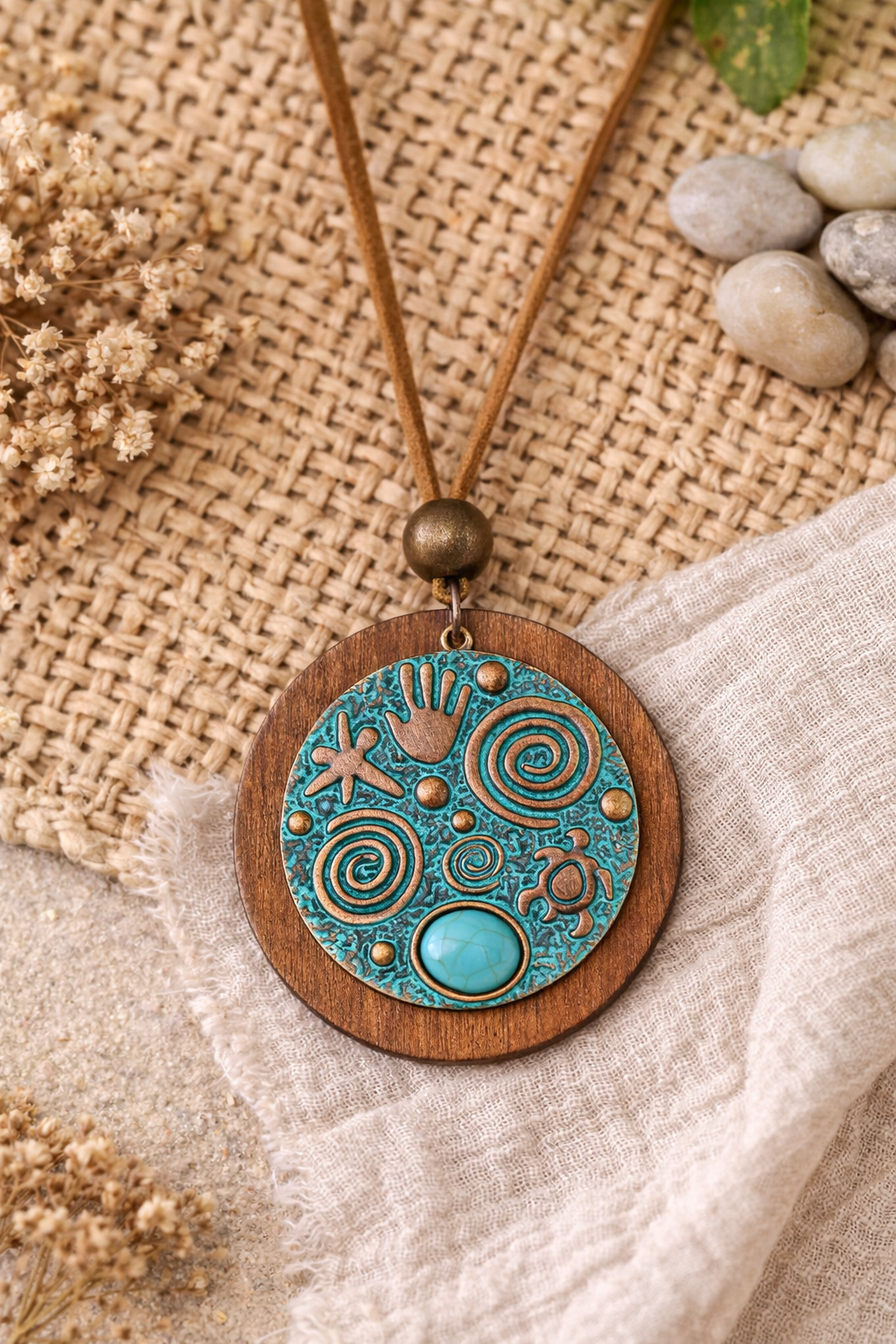 Bohemian Turquoise Wood Round Pendant Necklace