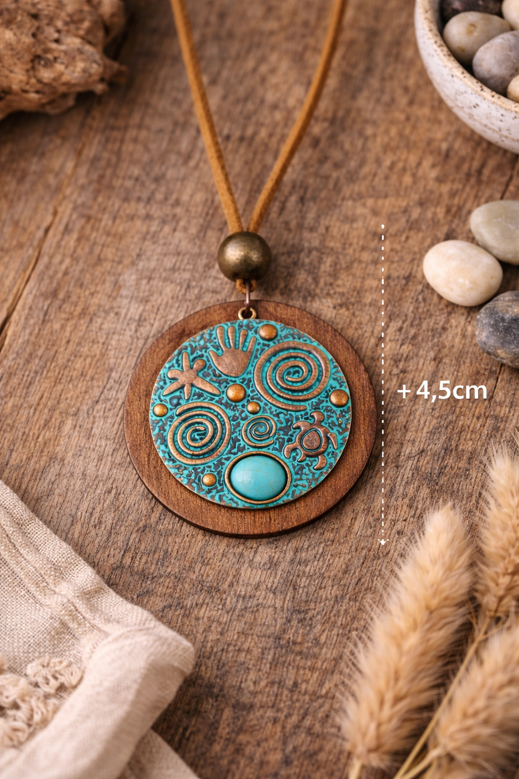 Bohemian Turquoise Wood Round Pendant Necklace