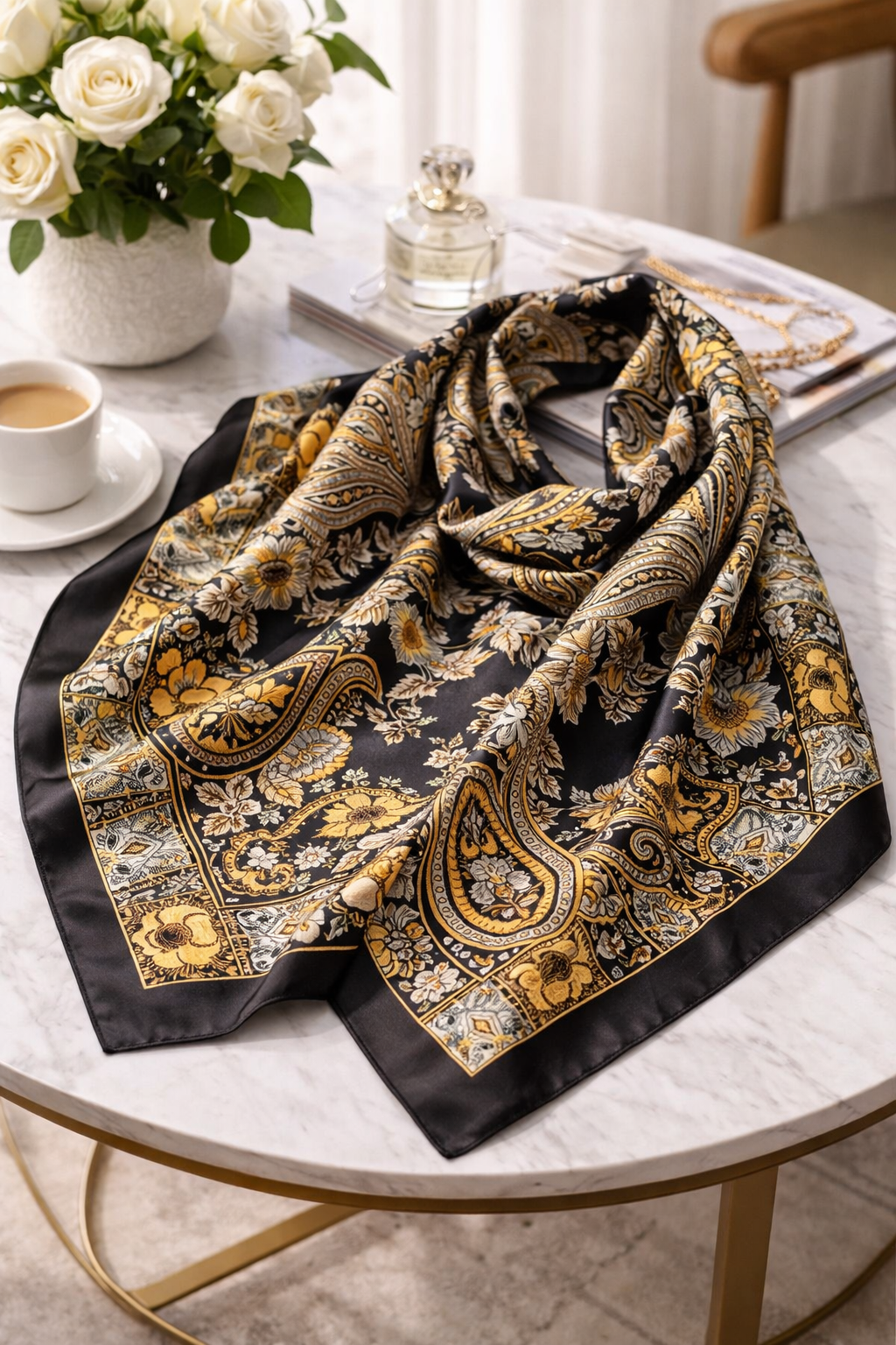 Vintage Paisley Satin Square Scarf – 90×90cm Elegant Headscarf (Black)