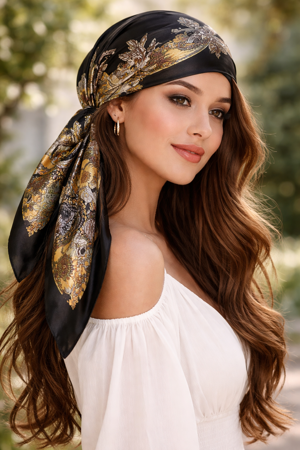 Vintage Paisley Satin Square Scarf – 90×90cm Elegant Headscarf (Black)