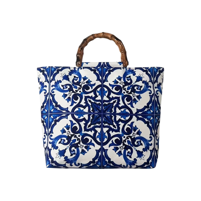 Tote bag with blue and white pattern on a white background