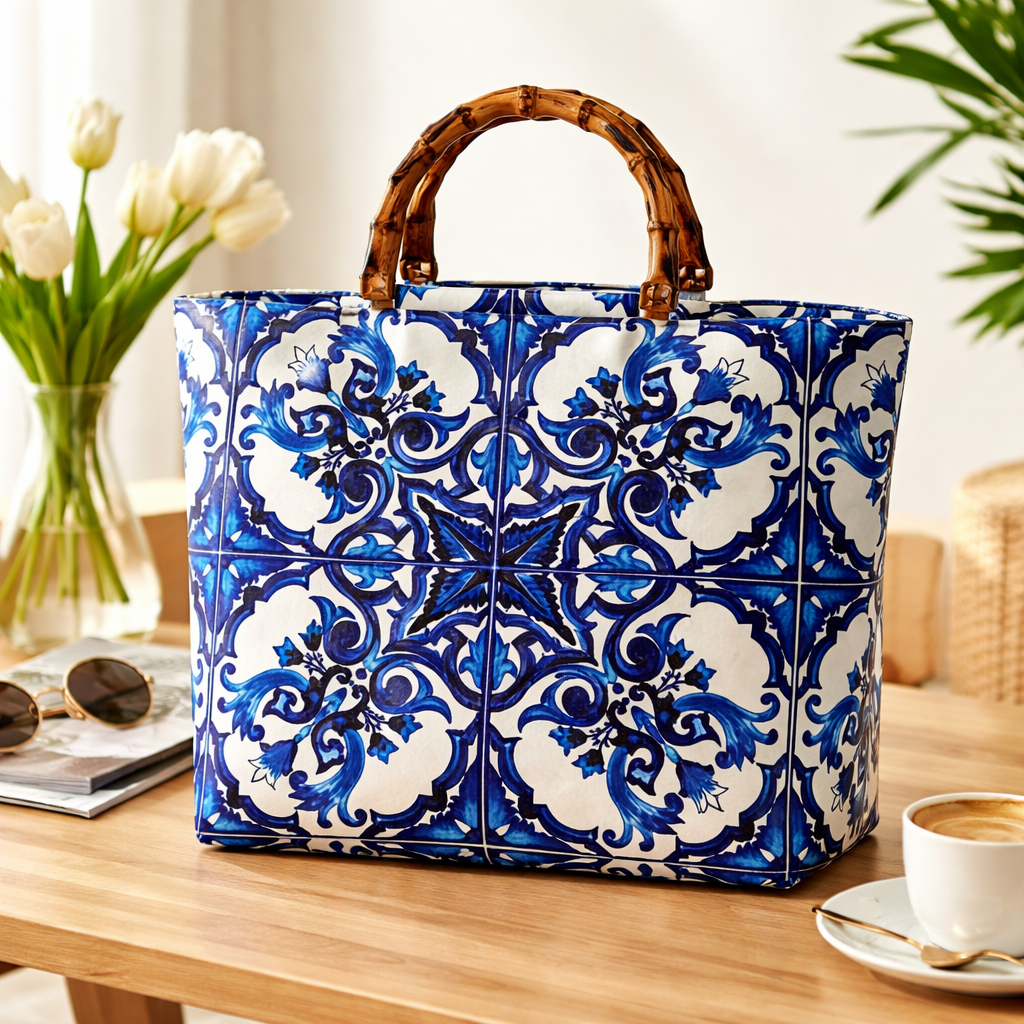Blue and white patterned bag on a wooden table with a cup of coffee and flowers.