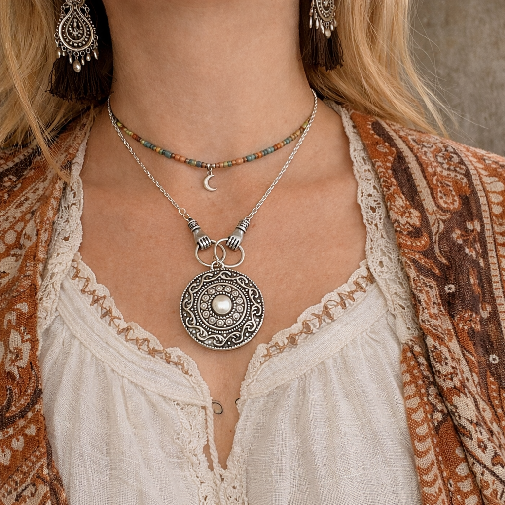 Close-up of a person wearing a silver necklace with a large pendant, white lace top, and patterned cardigan.