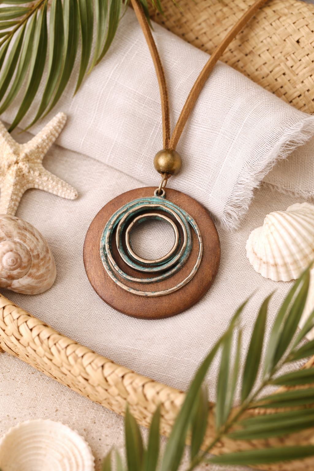 Vintage Bronze-tone Silver plated Wood Circle Pendant Necklace