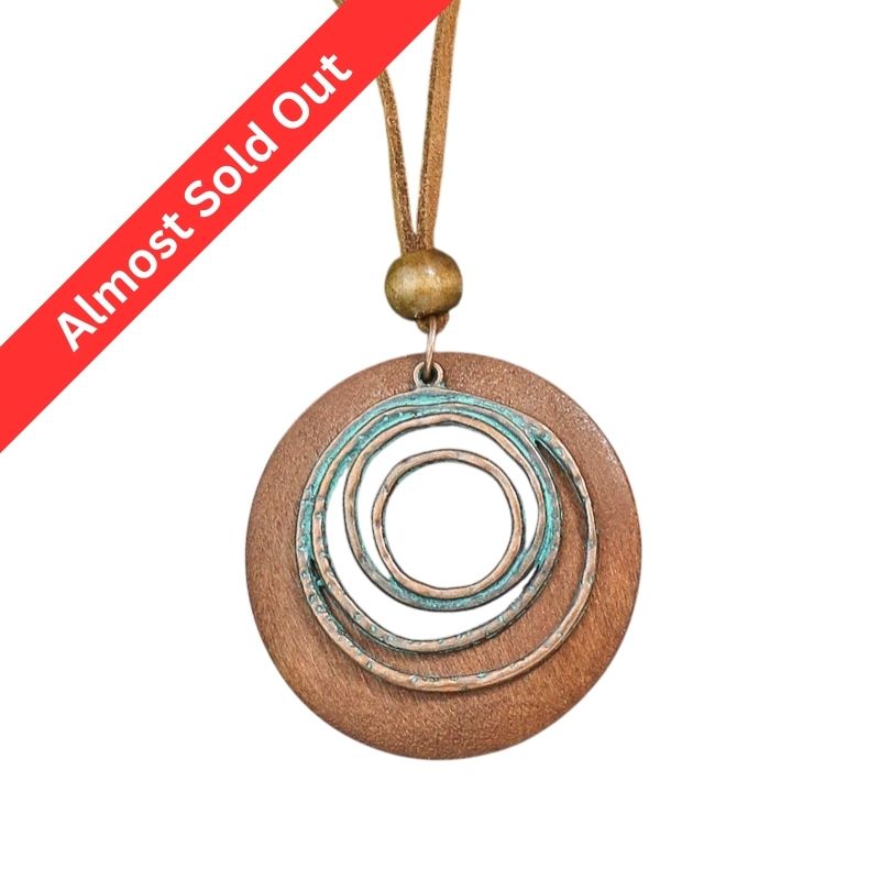 Vintage Bronze-tone Silver plated Wood Circle Pendant Necklace