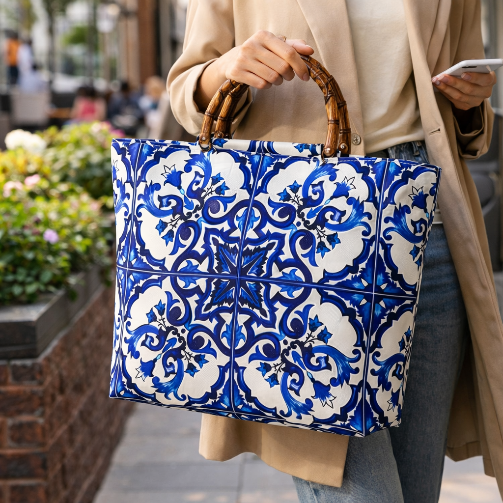 Person holding a blue and white patterned bag outdoors