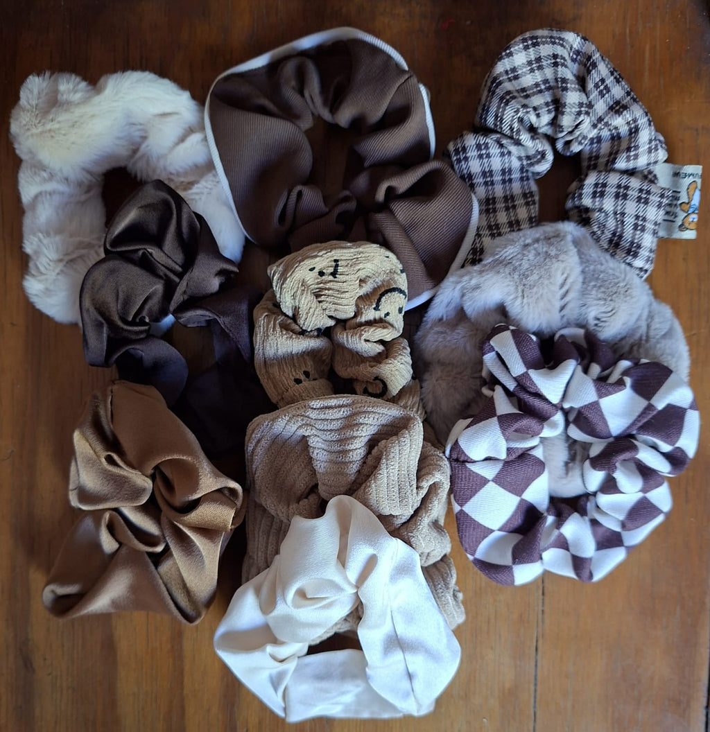 Set of 10 Retro Brown Fabric Scrunchies