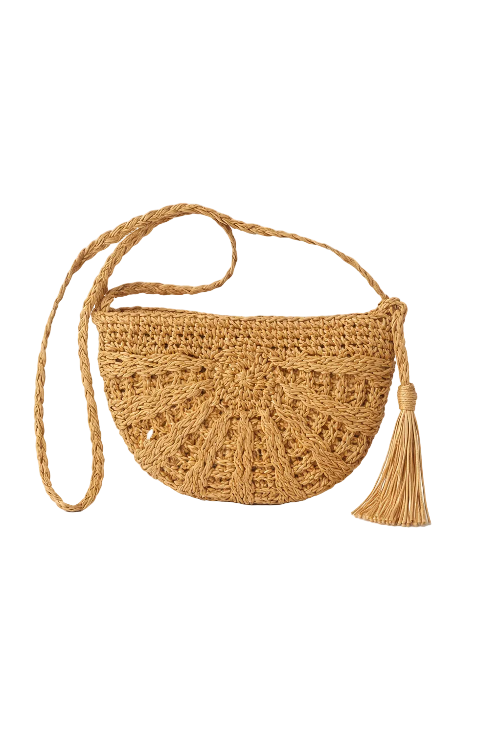Woven handbag with a tassel on a white background