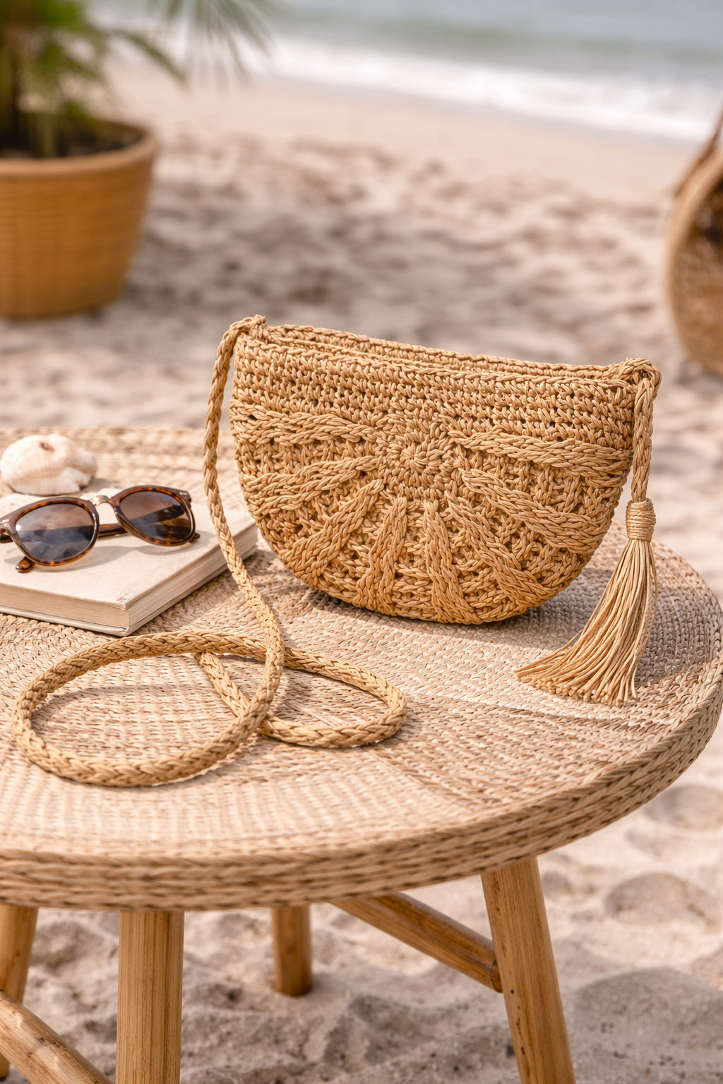 Woven Straw Crossbody Bag for Everyday Use with Adjustable Strap and Natural Texture