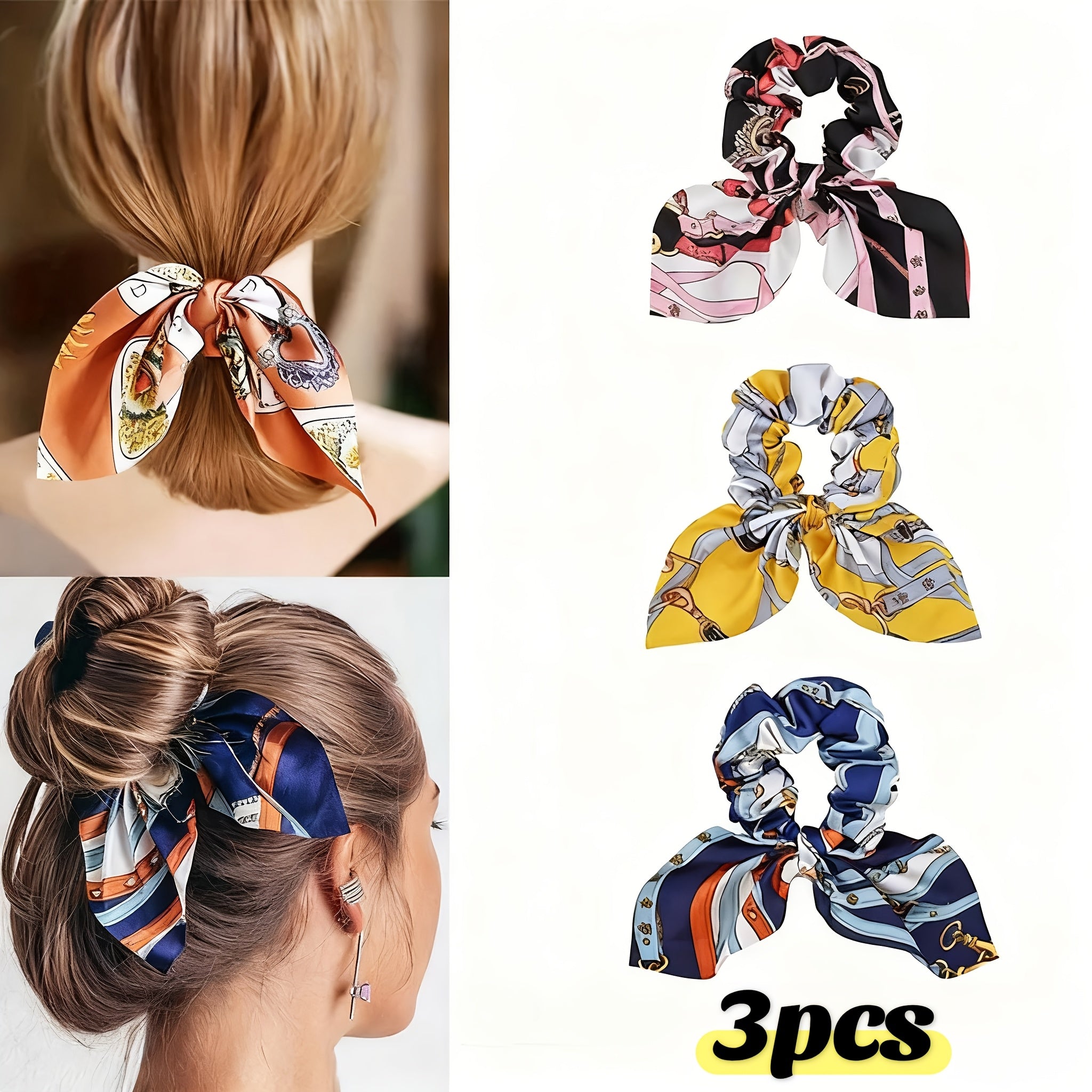 Set of 3 Satin Bow Scrunchies – Elegant Bohemian Hair Ties for Women