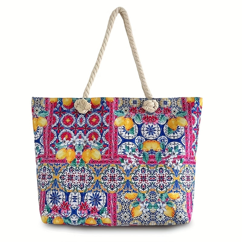 Vintage Mediterranean Style Women’s Tote Bag with Spacious Interior and Elegant Coastal Design