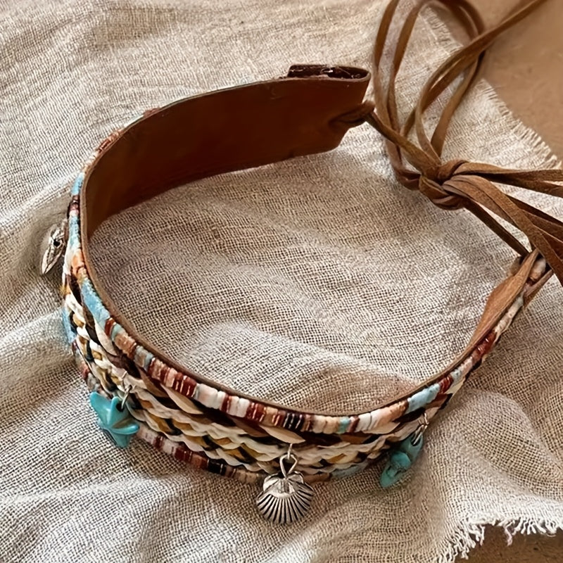 Bohemian triple-wear woven accessory you can style as a headband, necklace or belt.