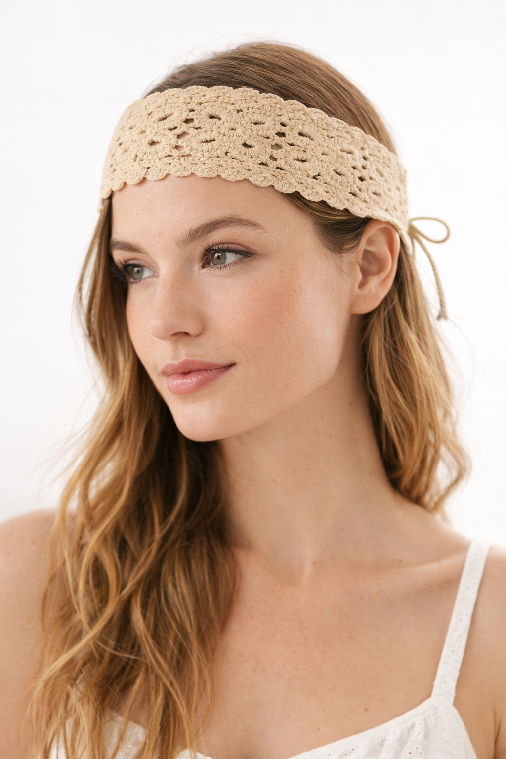 Boho Crochet Flower Hair Band - Soft knitted headband with adjustable tie-back.