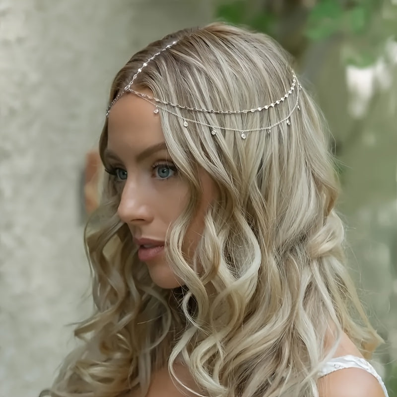 Fairy-style boho head chain with layered design and water diamond sparkle