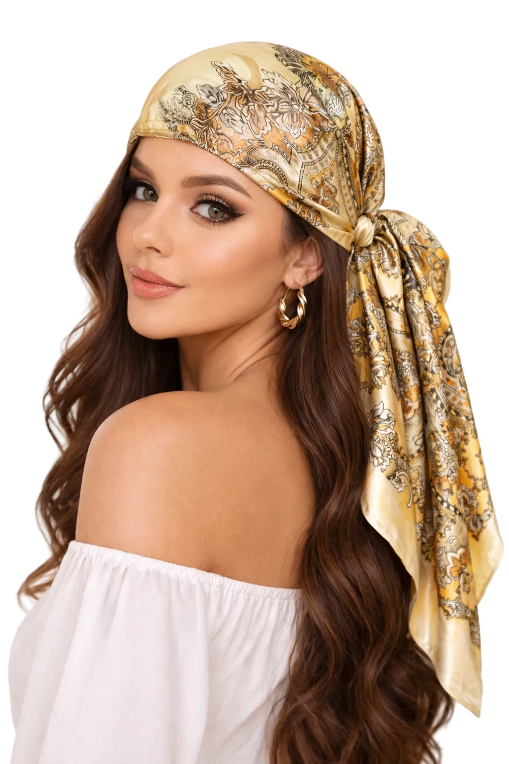 Vintage Paisley Satin Square Scarf – 90×90cm Elegant Headscarf (Beige)