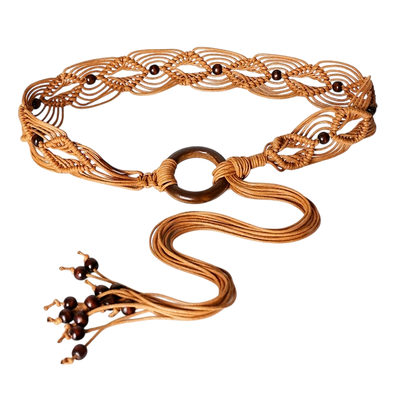 Handmade Braided Bohemian Belt for Women – Wax Rope & Wooden Circle Ethnic Waist Belt