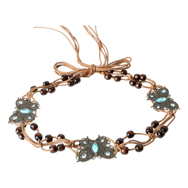 Butterfly-Inspired Vintage Braided Sash Belt with Wooden Beads