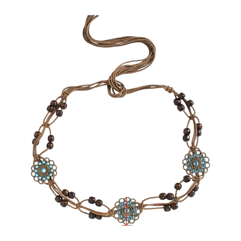 Khaki Wax Cord Beaded Belt – Blue Flower Rhinestone Bohemian Waist Belt