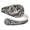 Vintage S925 sterling silver bohemian ring with engraved bird and floral details.