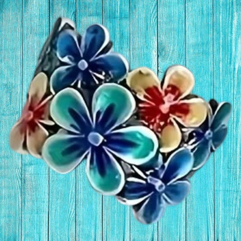 Vintage bohemian Zinc Alloy floral ring with colourful enamel-style detailing