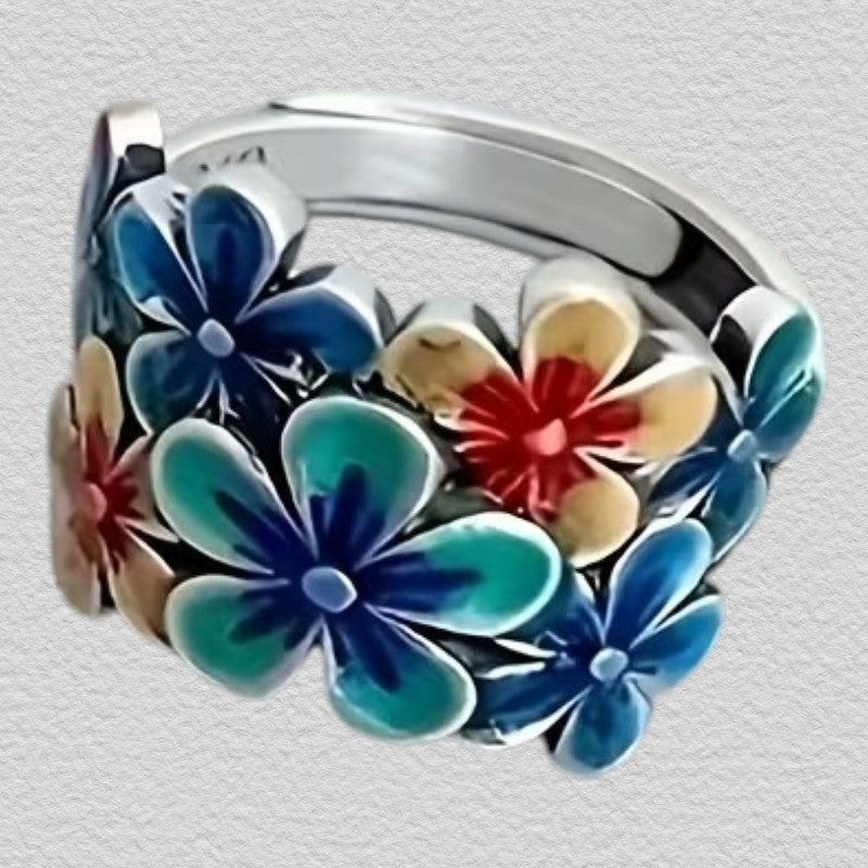 Vintage bohemian Zinc Alloy floral ring with colourful enamel-style detailing
