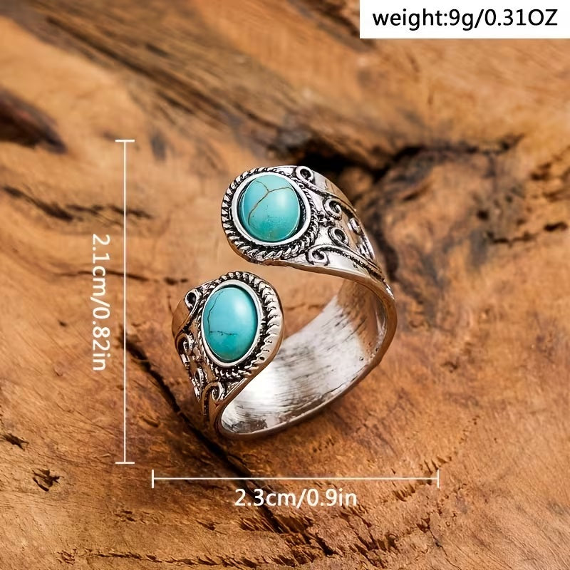 Bohemian Turquoise Adjustable Statement Ring - Vintage Silver Finish