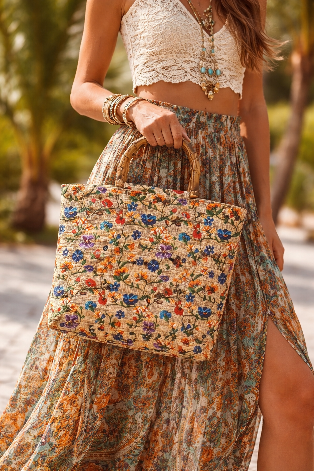 Bohemian Floral Embroidered Large Capacity Tote Bag for Everyday Use, Shopping & Travel