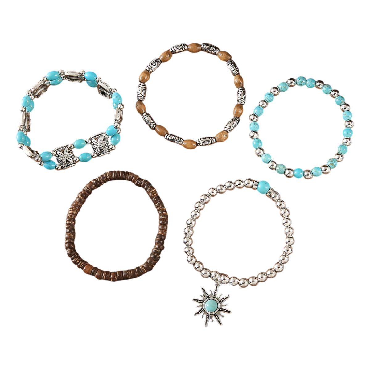 Boho Beaded Bracelet Set – 5pcs Elastic Stackable Bracelets with Sun Charm
