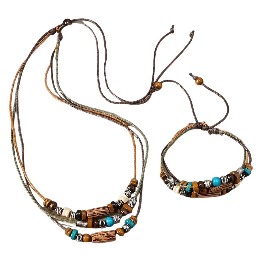 2pcs Boho Bead Necklace & Bracelet Set – Handwoven Wooden Jewellery