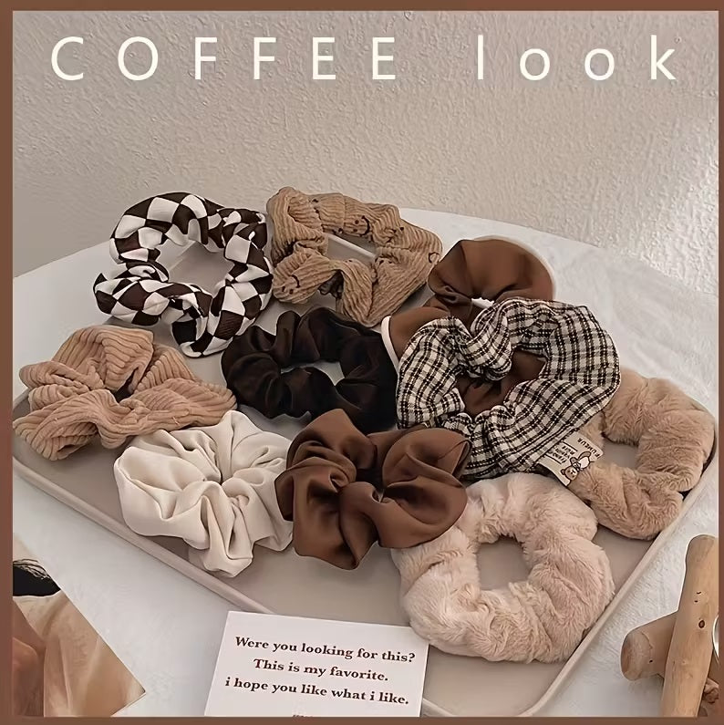 Set of 10 Retro Brown Fabric Scrunchies
