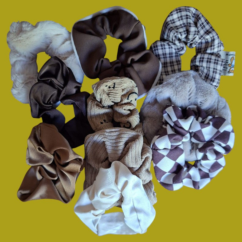 Set of 10 Retro Brown Fabric Scrunchies