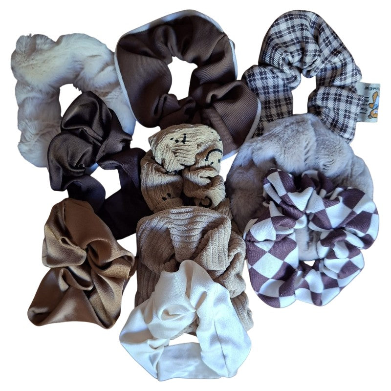 Set of 10 Retro Brown Fabric Scrunchies