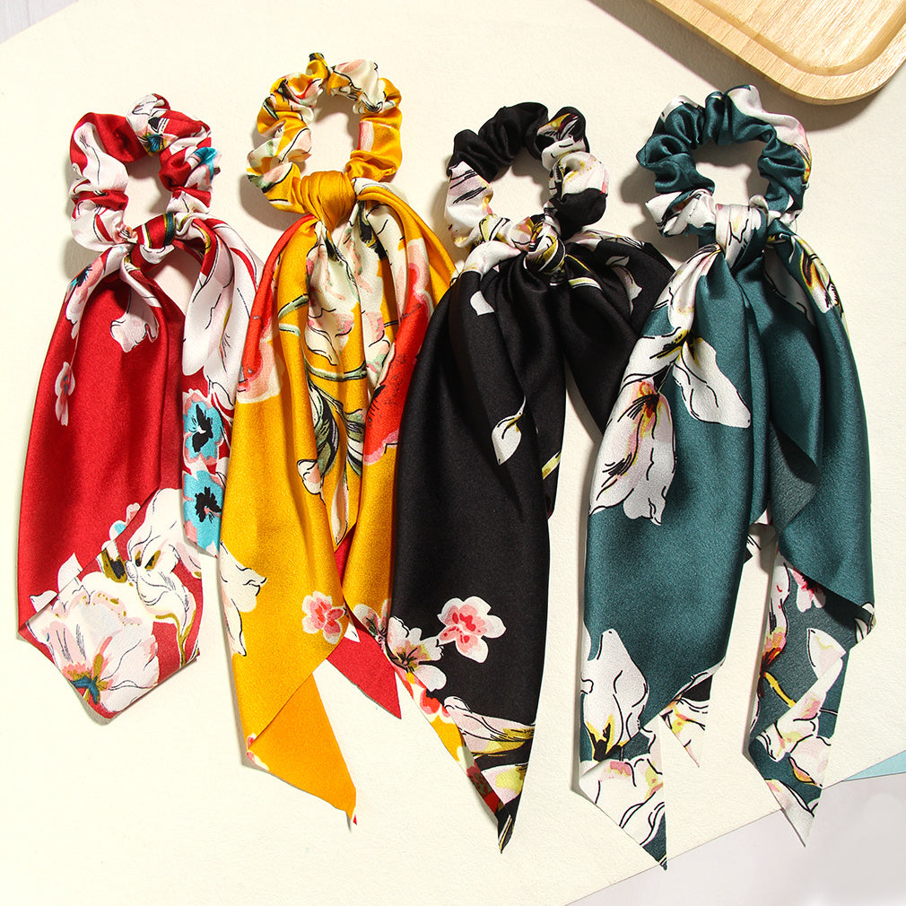 4-pack vintage floral peony hair scrunchies with ribbon tails.