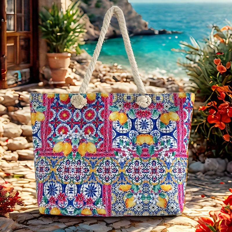 Vintage Mediterranean Style Women’s Tote Bag with Spacious Interior and Elegant Coastal Design