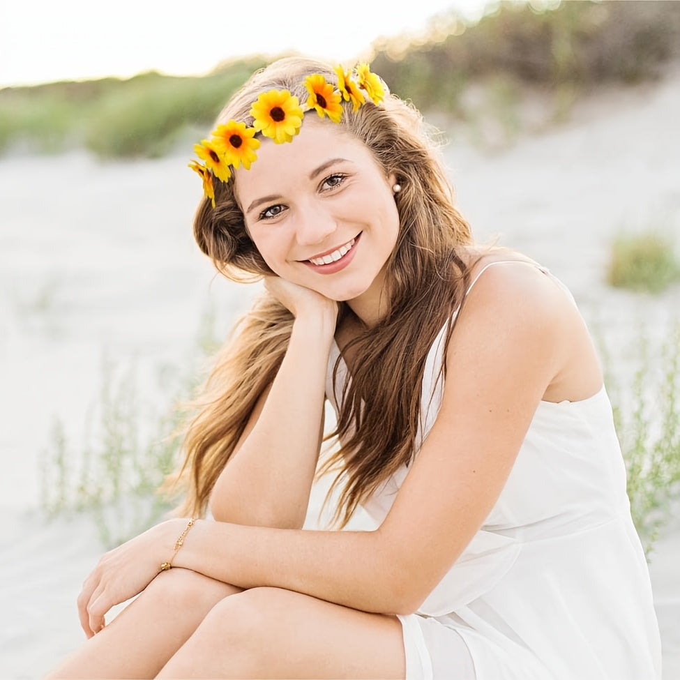 2-pack sunflower and daisy flower crown headbands with adjustable tie-back