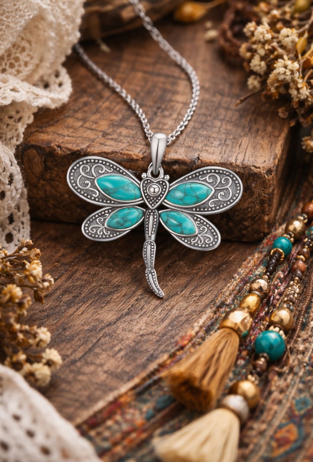 Dragonfly-shaped pendant with turquoise stones on a wooden surface