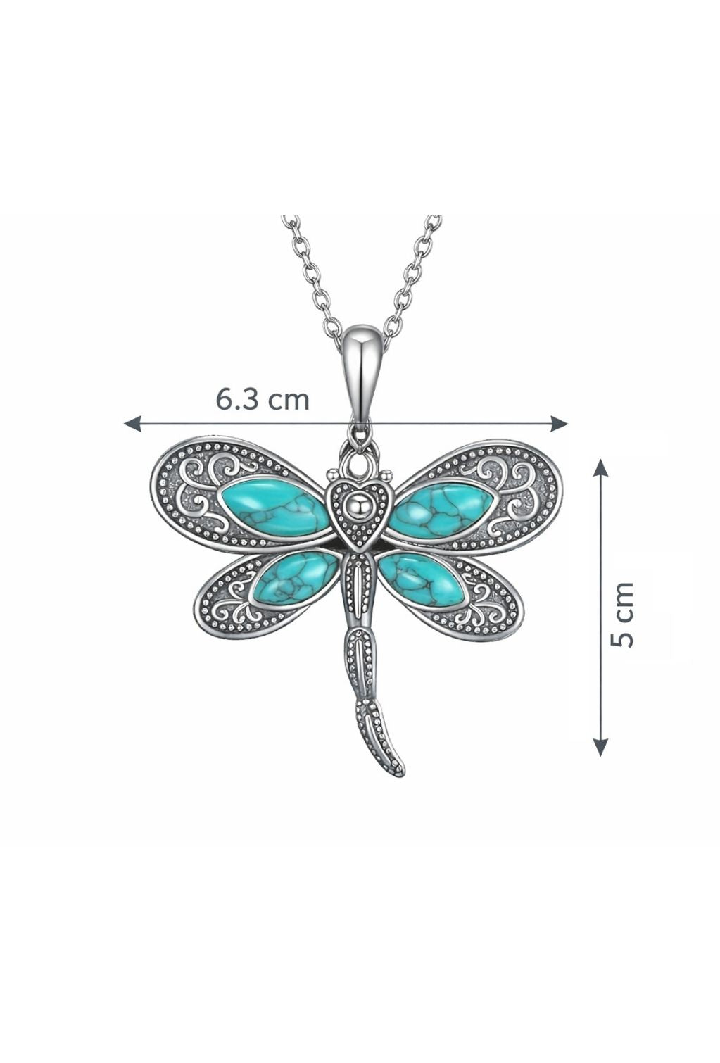 Dragonfly-shaped pendant with turquoise stones and measurements on a white background