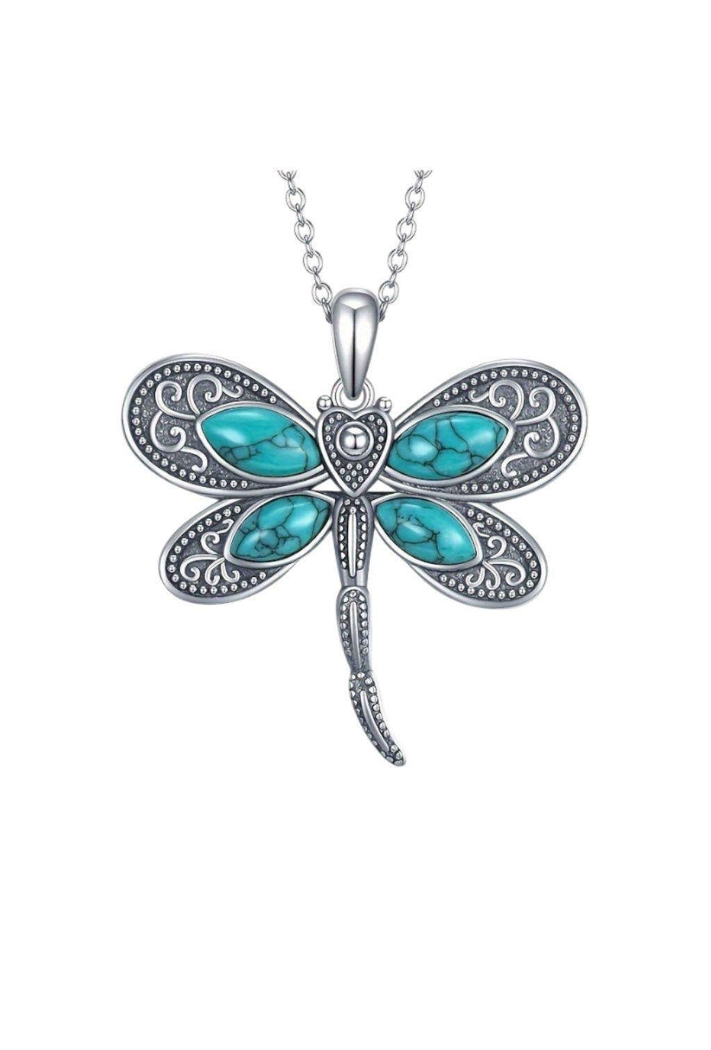 Dragonfly-shaped pendant with turquoise stones on a white background