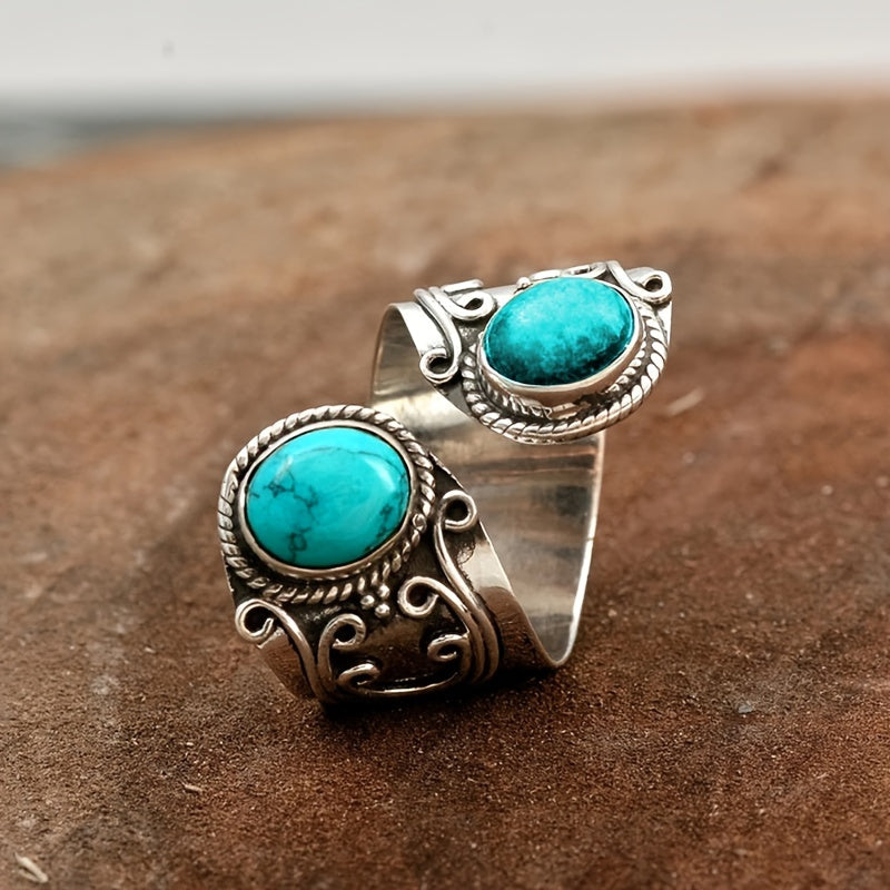 Bohemian Turquoise Adjustable Statement Ring - Vintage Silver Finish