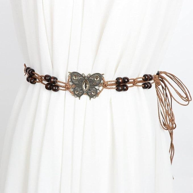 Butterfly-Inspired Vintage Braided Sash Belt with Wooden Beads