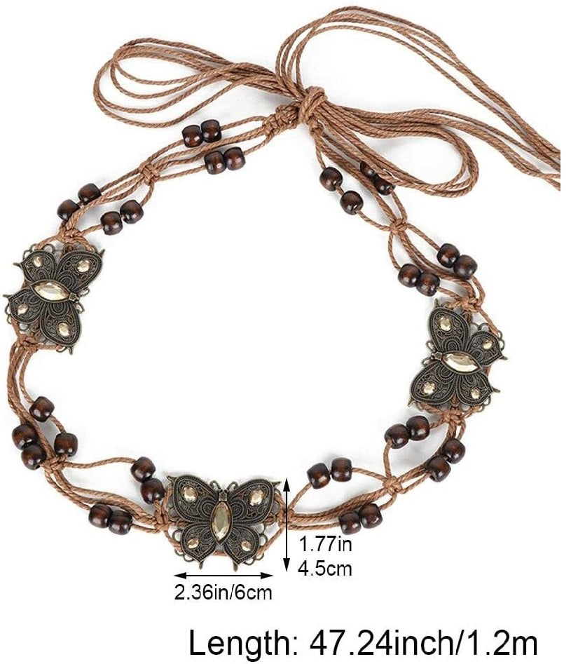Butterfly-Inspired Vintage Braided Sash Belt with Wooden Beads