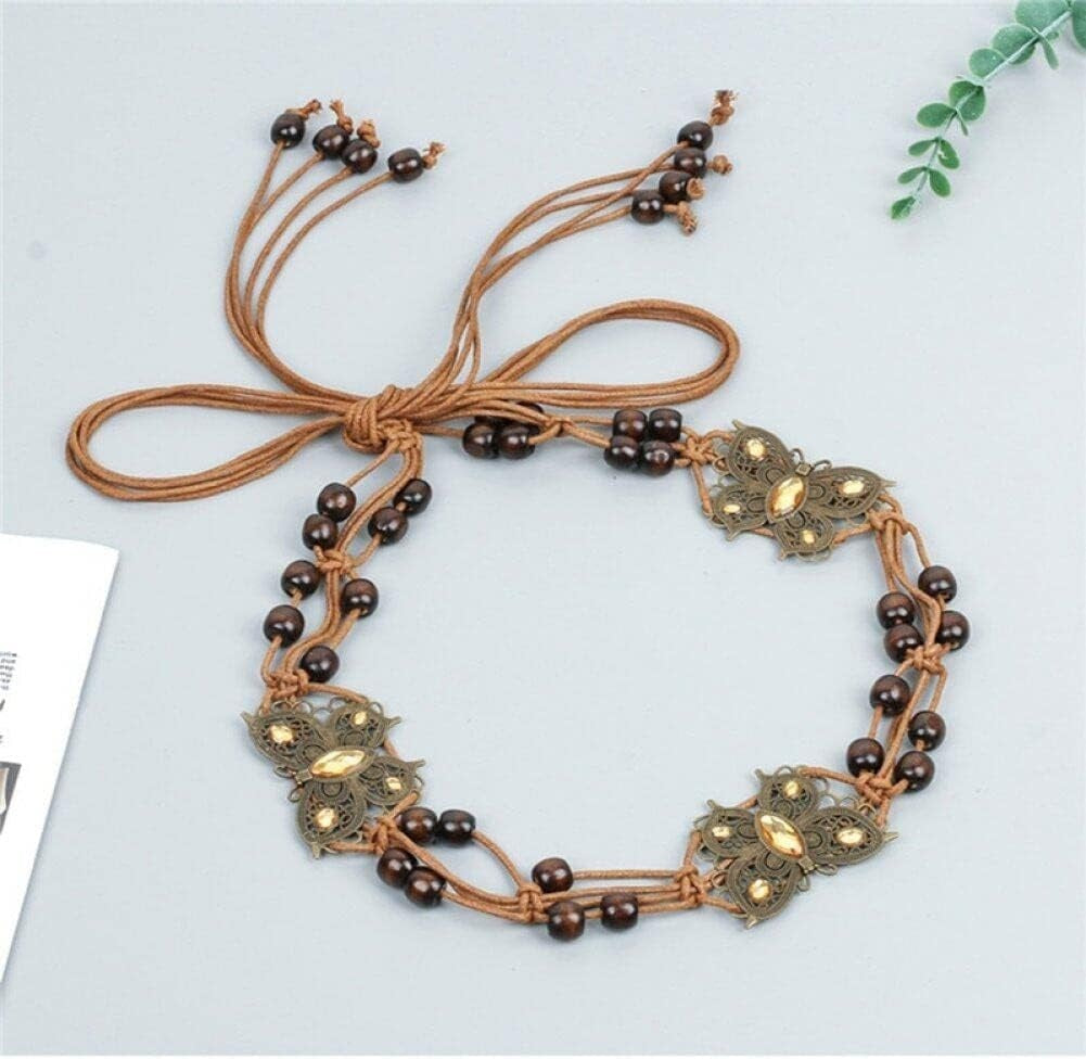 Butterfly-Inspired Vintage Braided Sash Belt with Wooden Beads