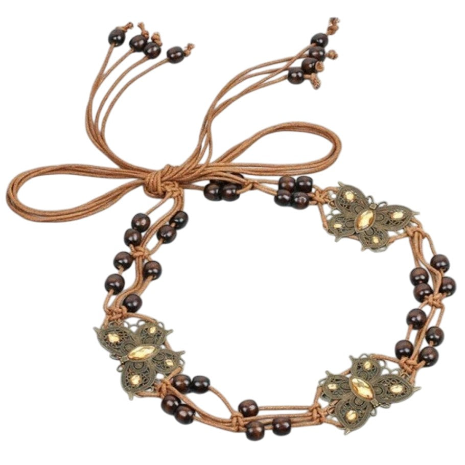 Butterfly-Inspired Vintage Braided Sash Belt with Wooden Beads