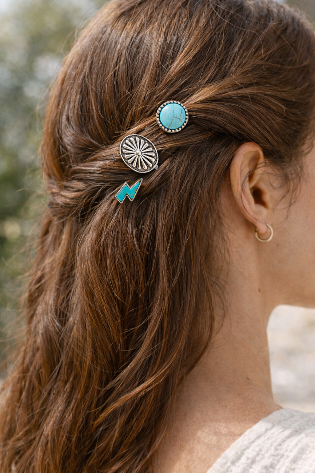 Boho western turquoise hair clip set with concho and lightning designs