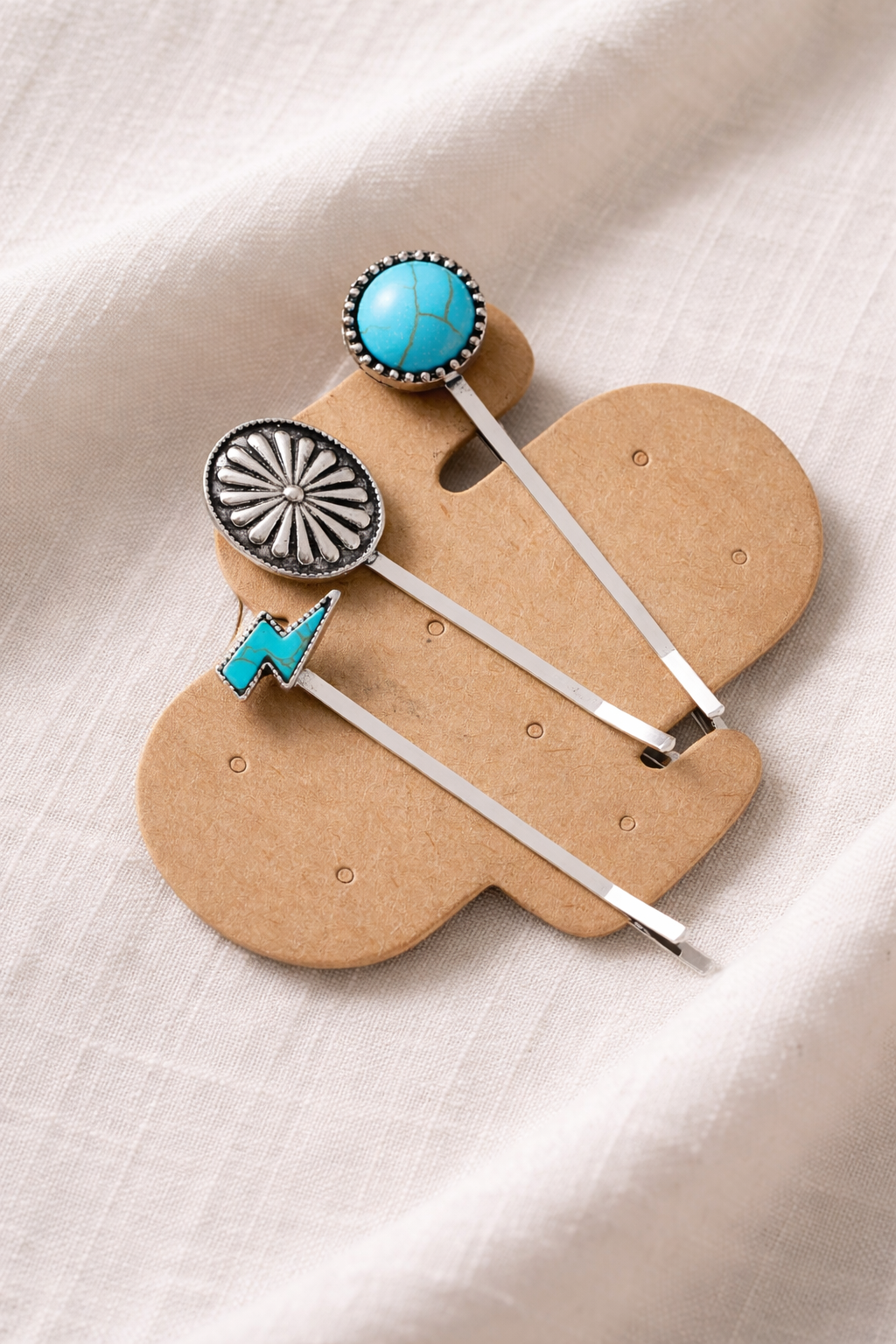 Boho western turquoise hair clip set with concho and lightning designs