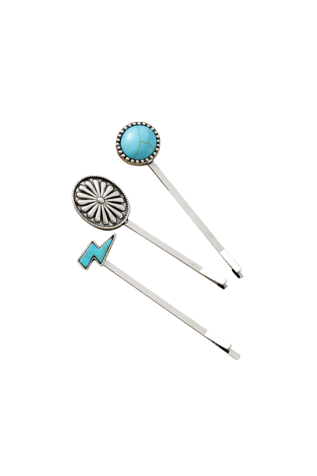 Boho western turquoise hair clip set with concho and lightning designs