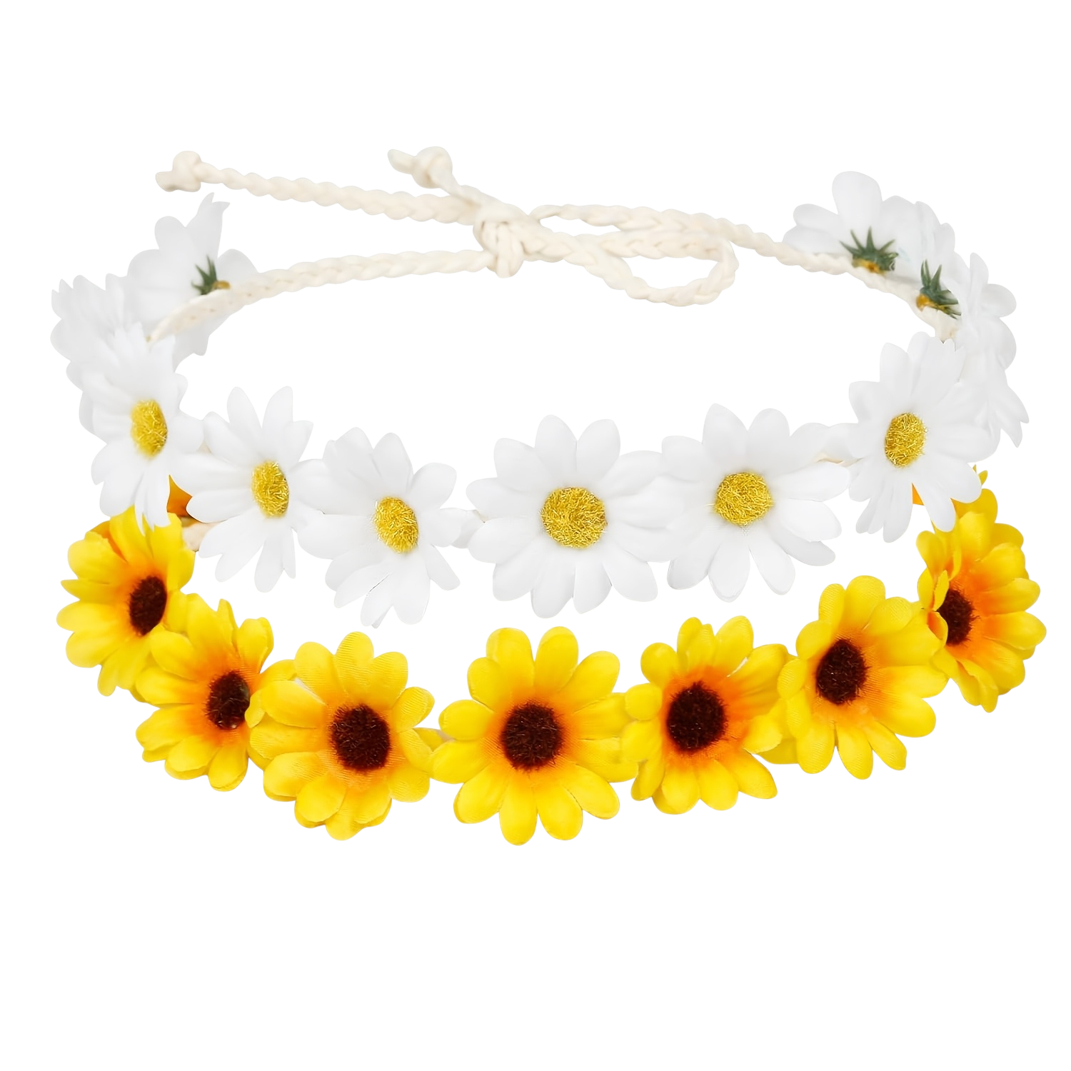 2-pack sunflower and daisy flower crown headbands with adjustable tie-back