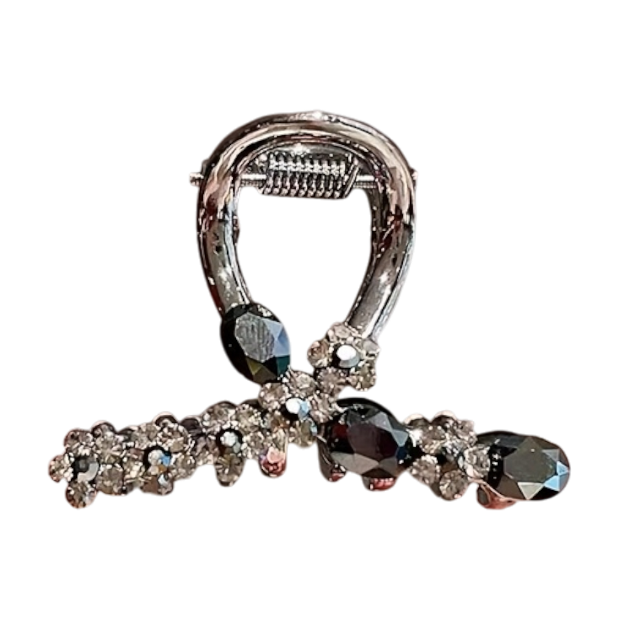 Luxury rhinestone flower hair clip with crystal detailing. Elegant mini shark claw clip